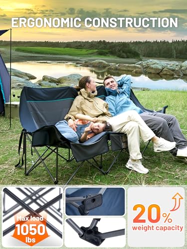 TIMBER RIDGE Padded 3 Person Camping Chair with Cup Holders and Pockets, Outdoor Folding Loveseat Camping Chairs, 1050lbs ...