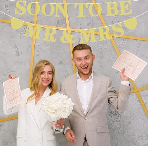 Pre-strung Soon to Be Mr & Mrs Banner - Gold Glitter Bridal Shower Decorations for Wedding, Engagement or Bachelorette Par...