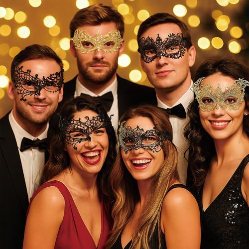 Cindeer 6 Pcs Masquerade Mask for Couples Women and Men Venetian Lace Mask for Prom Ball Halloween Mardi Gras Party