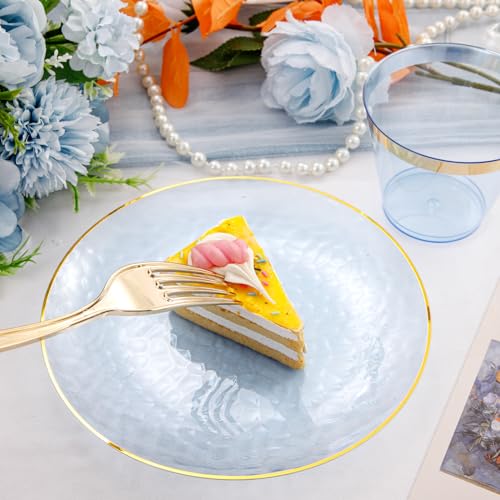 Rubtlamp 175 Pcs Plastic Dinnerware Set (25 Guests), Blue Disposable Plates With Gold Rim, Hammered Party Plates Set Inclu...