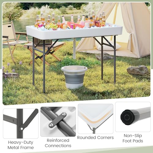 KOTEK Folding Ice Cooler Table, 4 FT Portable Ice Table with Drain, Matching Skirt & Foldable Bucket, Buffet Beverage Serv...
