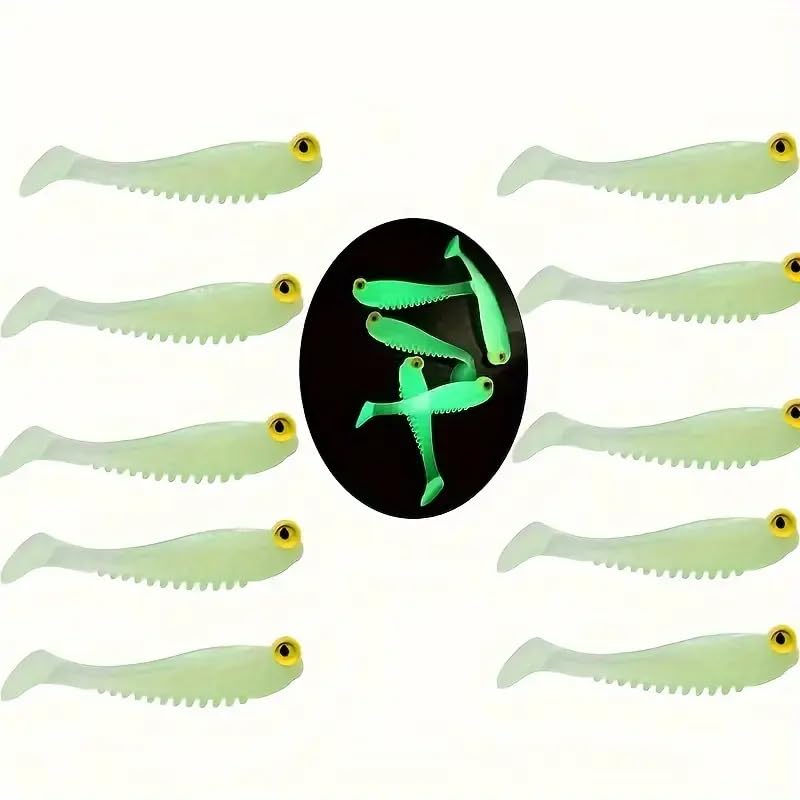 Glow-in-The-Dark T-Tail Fishing Lures, 1.97-Inch Silicone Swimbaits for Night Fishing, 10PCS