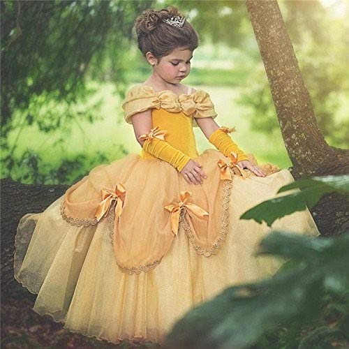 HOIZOSG Belle Princess Dress Up for Girls Beauty and The Beast Halloween Costume Christmas Birthday Party Gown w/Arm Sleeves 10-11T