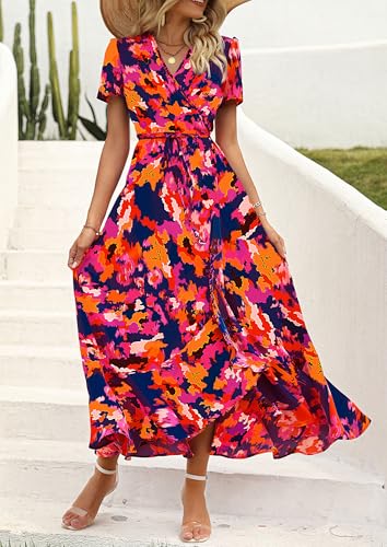 PRETTYGARDEN Women's Boho Floral Maxi Dress Summer Short Sleeve Wrap V Neck Long Flowy Beach Vacation Wedding Guest Dresses