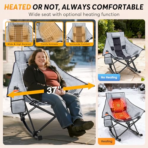 Suteck Heated Rocking Camping Chair, XL Oversized Rocking Chair Outdoor with 3 Heat Levels for Back and Seat, Heated Chair...