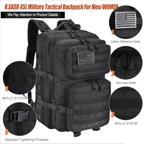 R.SASR Military Tactical Backpack 45L Large Tactical Backpack for Men, Hiking Rucksack With Bottle Holder