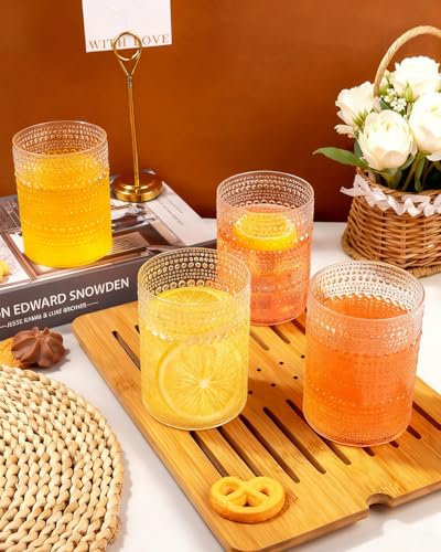 YOUBET 24PCS Plastic Hobnail Drinking Glasses - 14 Oz Clear Vintage Glasses Drinkware - Disposable Beaded Cups for Juice, ...