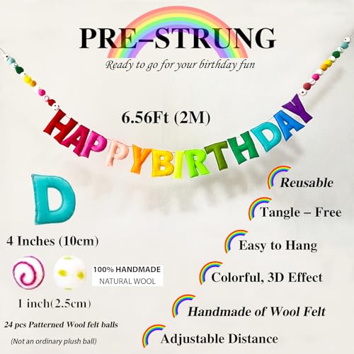Pre-Strung Happy Birthday Banner - Felt Ball Garland - Reusable HAPPY BIRTHDAY Garland, Rainbow Party Decorations, Persona...
