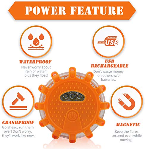 Ecoangel USB Rechargeable LED Road Flares Emergency Lights-Roadside Warning Car Safety Beacon Flashing Disc Flare Kit with...