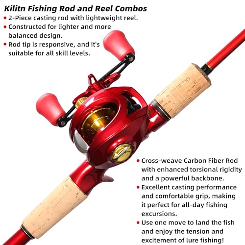 Kilitn Fishing Rod and Reel Combo, Baitcaster Rod 2-Piece & Reel, 30T Carbon Fiber, M Power Tips, Ultralight Casting Rod f...