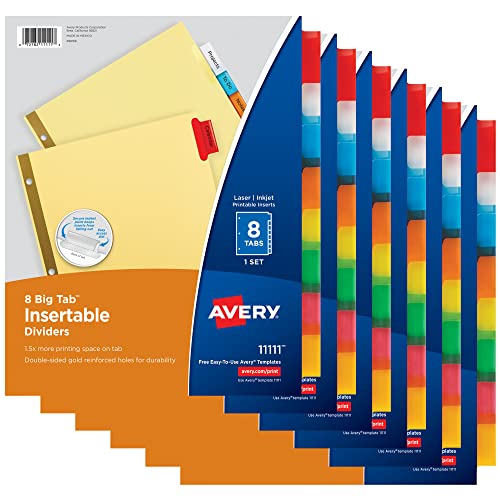 Avery 8-Tab Binder Dividers for School, Medical Office Supply, or Home Organization, Insertable Multicolor Big Tabs, 6 Set...
