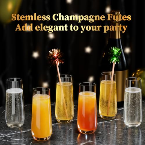 Guanqiao 12 Pack Stemless Plastic Champagne Flutes, 9 oz Clear Disposable Plastic Glasses, Heavy Duty Shatterproof Recycla...