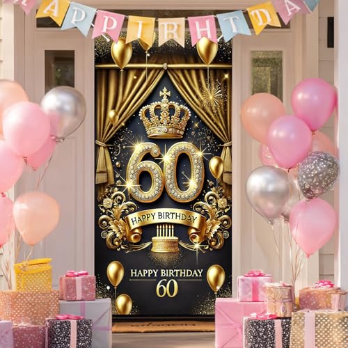 HOMETITUTE 60th Birthday Door Cover 71x35 Inch Royal Gold Birthday Banner for Party Decorations Crown Balloon Cake Backdro...