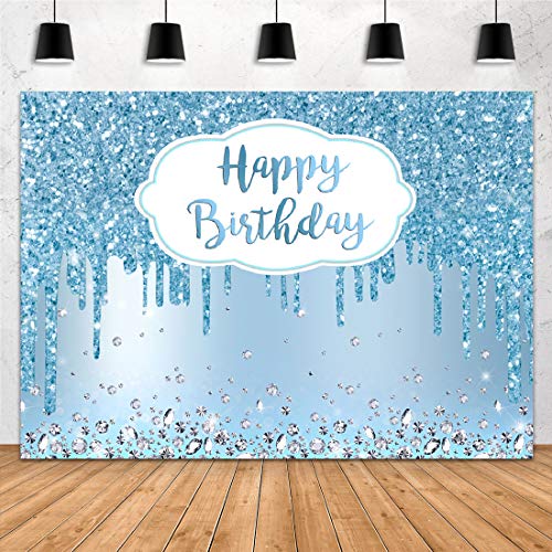 Aperturee 7x5ft Blue Happy Birthday Backdrop Glitter Diamonds Girls Sweet 16 18th 21st 30th 40th 50th Women Photography Ba...