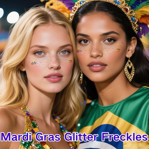 Paminify Mardi Gras Face Glitter Freckles Tattoos,Mardi Gras Outfit for Women,Waterproof Green Gold Purple Temporary Face ...