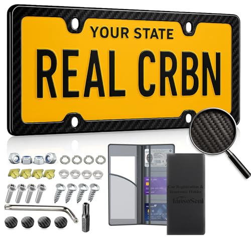 TansoSeni Anti Theft 100% Real Carbon Fiber License Plate Frame Holder, Black Licence Plate Car Tag Frame 6″×12″ Rust-Proo...