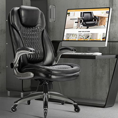 Executive Office Chair-Ergonomic Computer Desk Chair, High Back Leather Chair with Padded Flip-up Arms, Swivel Home Office...