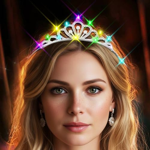 JEWEKY Light Up Tiara Glow Silver Led Rhinestone Princess Crown Birthday Hair Accessories for Women (01, One Size)