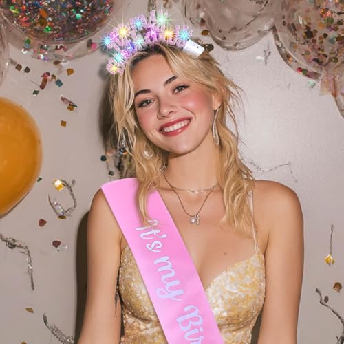 Uranian Light Up Birthday Headbands and Sash Led Rhinestone Crowns Birthday Hairbands Party Favor Hair Accessories for Women