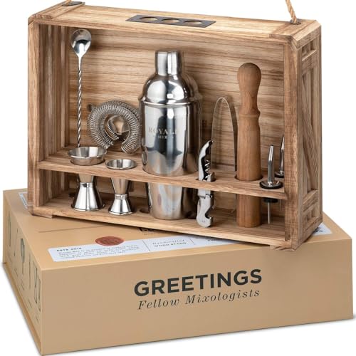 Cocktail Mixology Bartender Kit with Rustic Wood Stand - 11 Piece Bartender Bar Tool Set Cocktail Drink Mixer Shaker Set f...