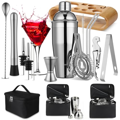 Widecook Bartender Kit Bag with Stand Portable Cocktail Shaker Set, 17 Pcs 25oz Stainless Steel Barware Kit with Jigger, S...