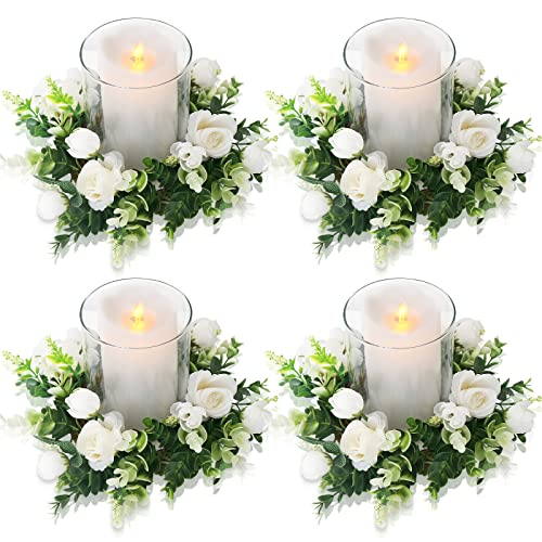 Acmee 4 Pcs White Rose Candle Rings - Artificial Floral Wreaths with Eucalyptus Leaves Greenery Garland for Pillar Candleh...