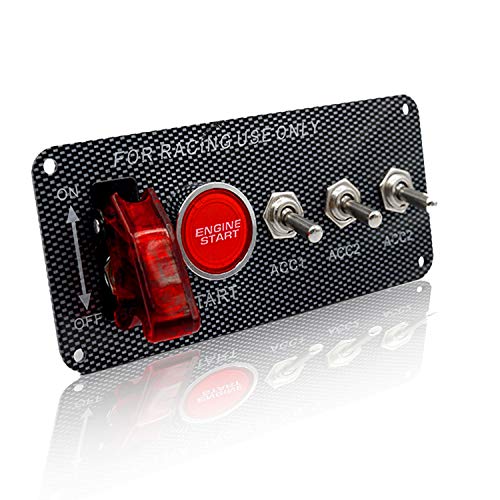 Stark Industries - Race Car Ignition Panel with Engine Start Button and 3 Toggle Switches - Carbon Fiber 12V LED Switch Panel