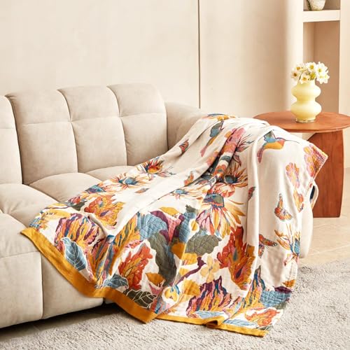 MSGKV Boho Throw Blanket for Couch and Sofa Cotton Cover for Living Room Floral Throw Cozy Blankets (D-Flower and Butterfl...