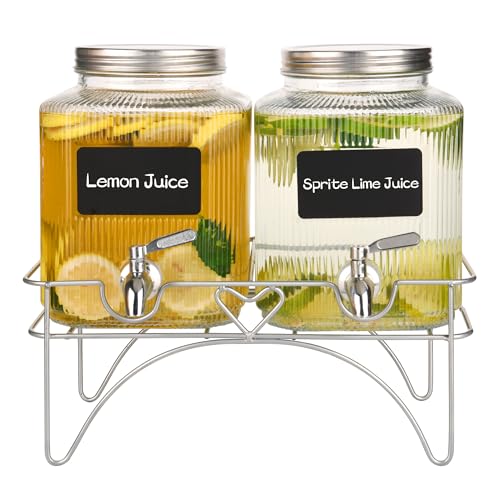 Lulonpon 2 x 4L(1.06 Gallon) Glass Drink Dispenser, Beverage Dispenser with Stainless Tap, Glass Water Juice Dispensers wi...