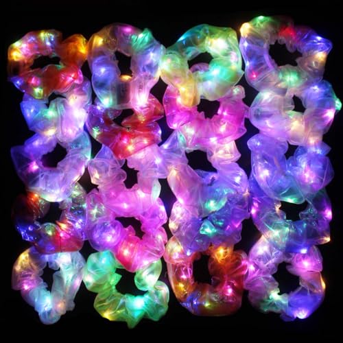 20PCS LED Scrunchies, Light up Hair Scrunchy, Women Luminous Hair Strands, Colorful Meteor Yarn Hair Bands with 3 Light Mo...