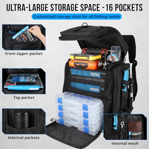 PLUSINNO Fishing Backpack with Rod Holders Tackle Box, 42L Large Water-resistant Fishing Tackle Bag Store Fishing Gear