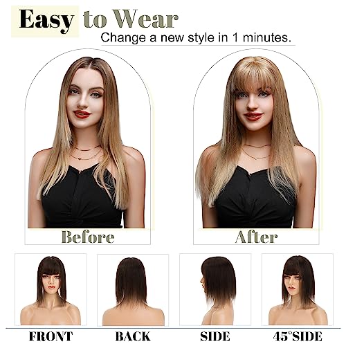 SEGO Hair Toppers for Women With Bangs Real Human Hair, 130% Density 10 * 12CM Silk Base Clip in Top Wiglet Hairpieces for Thinning Hair-10 Inch 02 Dark Brown