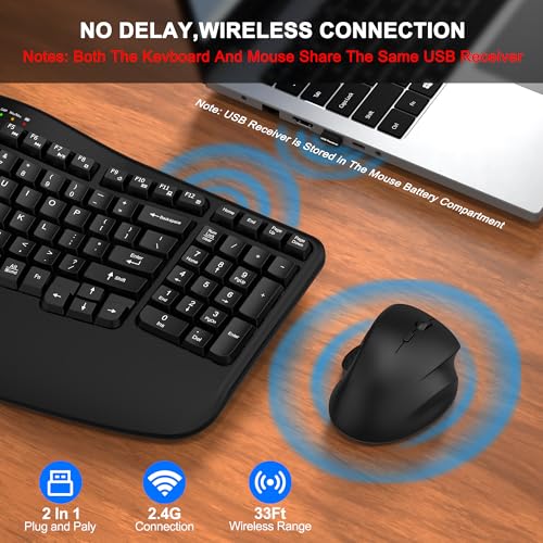 Wireless Keyboard and Mouse Combo, 2.4G Wave Keys Ergonomic Keyboard with Wrist Rest and 3 Level DPI Advanced Wireless Erg...