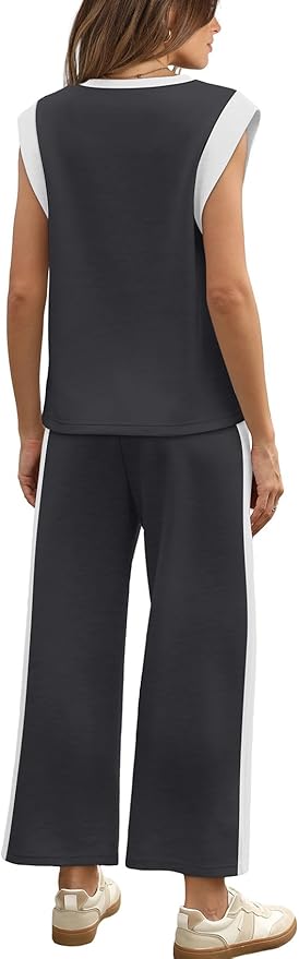 WIHOLL 2 Piece Sets for Women Summer Lounge Sets Travel Vacation Outfits Cap Sleeve Sweatsuit Side Slit Wide Leg Pants S-3XL