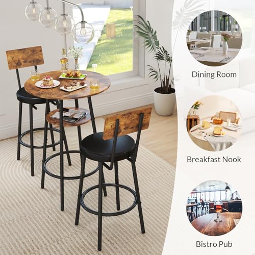 Zevemomo 3 Pieces Round Bar Table Set, Small Dining Table for 2, Modern Kitchen Bar Table, Breakfast Table with Storage, 2 Thickened Cushion Stools with Backrest for Dining Room, Bistro-Brown