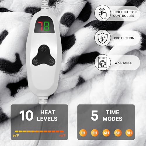 Black Heated Electric Blanket Throw,50X60 Cow Print Heating Blanket with 10 Heats Levels & 8 Hours Auto Off,Cute Cow Decor...