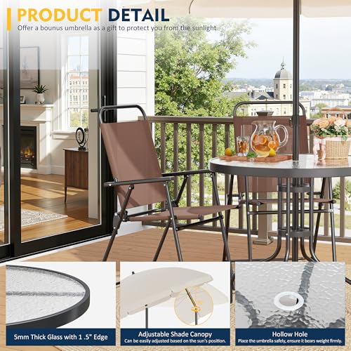 Shintenchi 6 Piece Patio Dining Set with Umbrella, Outdoor Furniture Set with 4 Folding Chairs and Tempered Glass Top Dini...