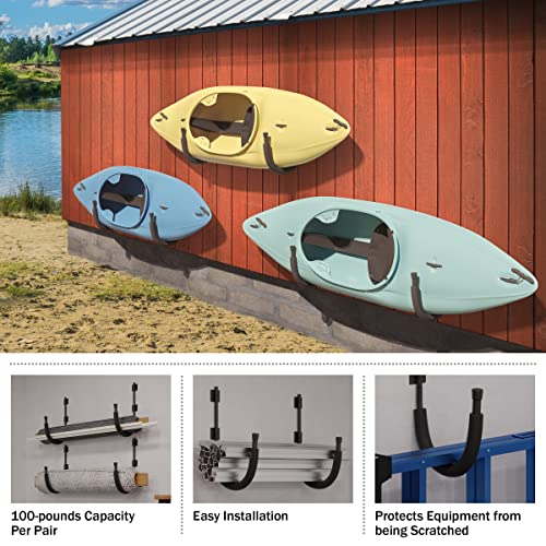2-Pack of Kayak Storage Hook Sets - Kayak Wall Mount Hangers with 100lb Capacity Per Pair for Paddleboards, Surfboards,