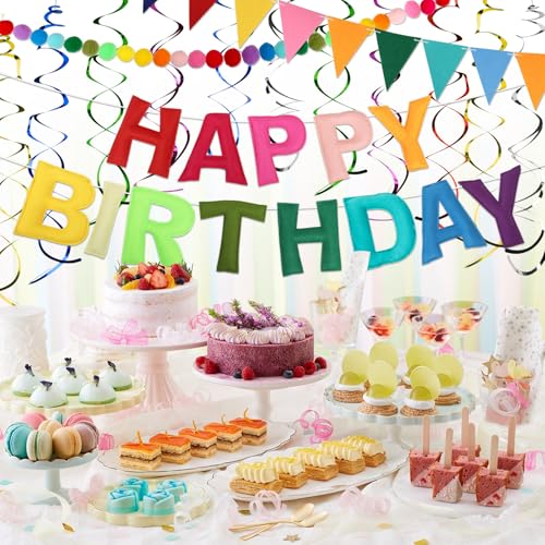 Pre Strung Happy Birthday Banner Set - Felt Ball Garland, Felt Birthday hat and Pennant Flags & Colorful Hanging Swirl, Re...