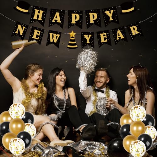 New Years Decorations 2026 – Gold Black White Happy New Year Decorations Kit with Banner, Balloons, Fringe Curtains, Lante...