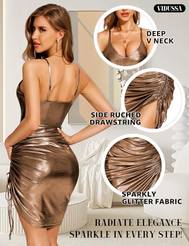VIDUSSA Glitter Sparkly Dresses for Women - Spaghetti Strap V Neck Metallic Dress Ruched Bodycon Midi Cocktail Party Dress