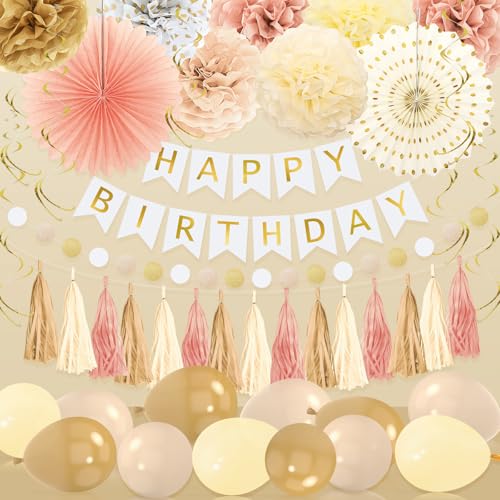 YTHETM Champagne Gold Fall Boho Birthday Decorations for Women Girls Beige Cream Neutral Party Decorations Happy Birthday ...