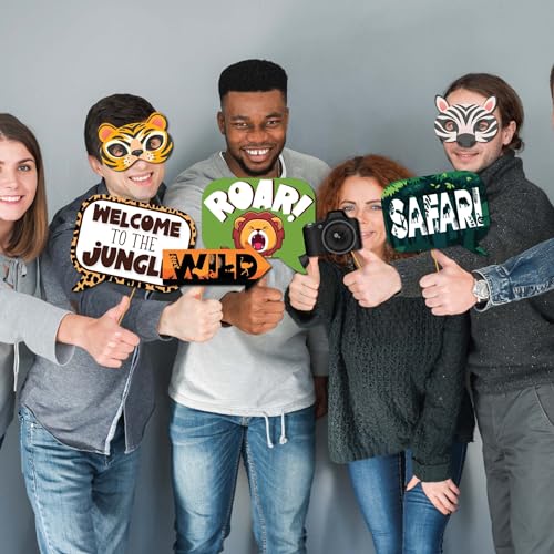 Safari Photo Booth Props - 41-pc Photobooth Kit with 8 x 10-Inch Sign, 60 Adhesive Pads, 45 Sticks - Kids Photo Booth Prop...