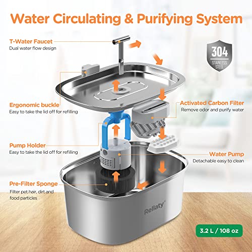 Cat Water Fountain Stainless Steel: 3.2L/108oz Pet Fountain Water Bowl Dog Drinking Dispenser Cat Feeding & Watering Suppl...