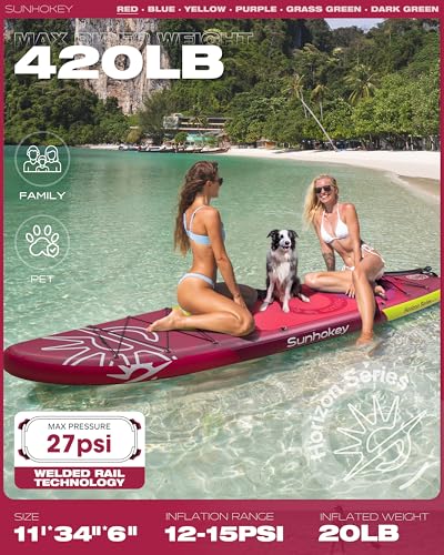 SUNHOKEY 11'×34'' Extra Wide Inflatable Paddle Board with Seam Welded Technology, Stand Up Paddle Board, 420lb Capacity fo...
