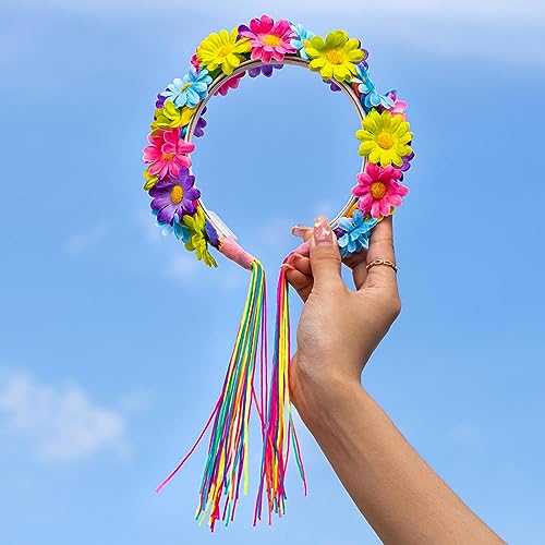 JONKY Light Up Daisy Headband Rainbow Hippie Flower LED Headbands Tassel Floral Headpiece Rave Hair Accessories for Women