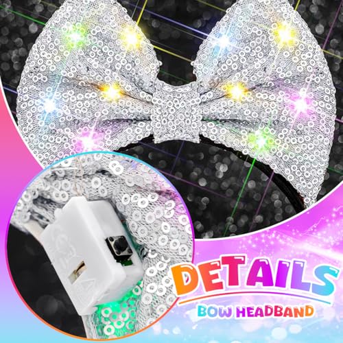 Formery Light Up Bowknot Headband Silver Sequin Bow Hairband Led Glitter Hair Accessories for Women