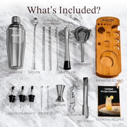 KITESSENSU Cocktail Shaker Set Bartender Kit with Stand | Bar Set Drink Mixer Set with All Essential Bar Accessory Tools: ...