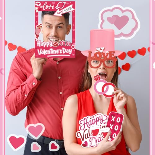 Suncalla 34 Pcs Valentine's Day Photo Booth Props Kit Red Pink Celebrate Valentine Day Photo Props Funny Hat Glasses Headb...