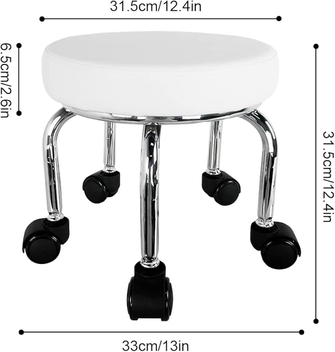 WKWKER Modern Roller Seat PU Leather Low Round Rolling Stool 360° Swivel Small Low Seat with Universal Caster Wheels Foot Stool for Home Office Garage Shop Fitness Sport H：12.4" （White）